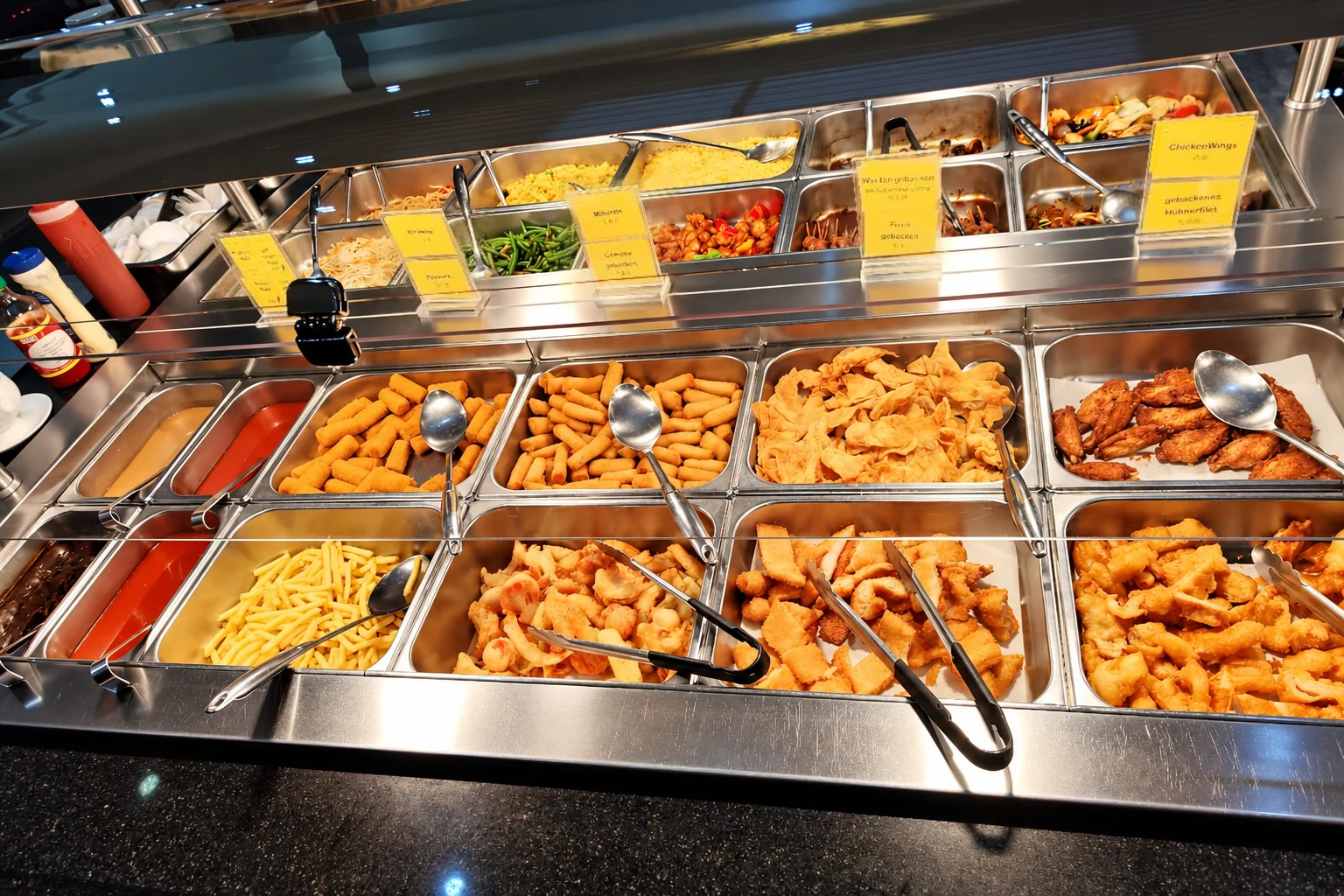 Warmhaltebecken am Büffet mit Pommes, Frittiertem und Chicken Wings, gelbe Schilder, Löffel und Zangen.