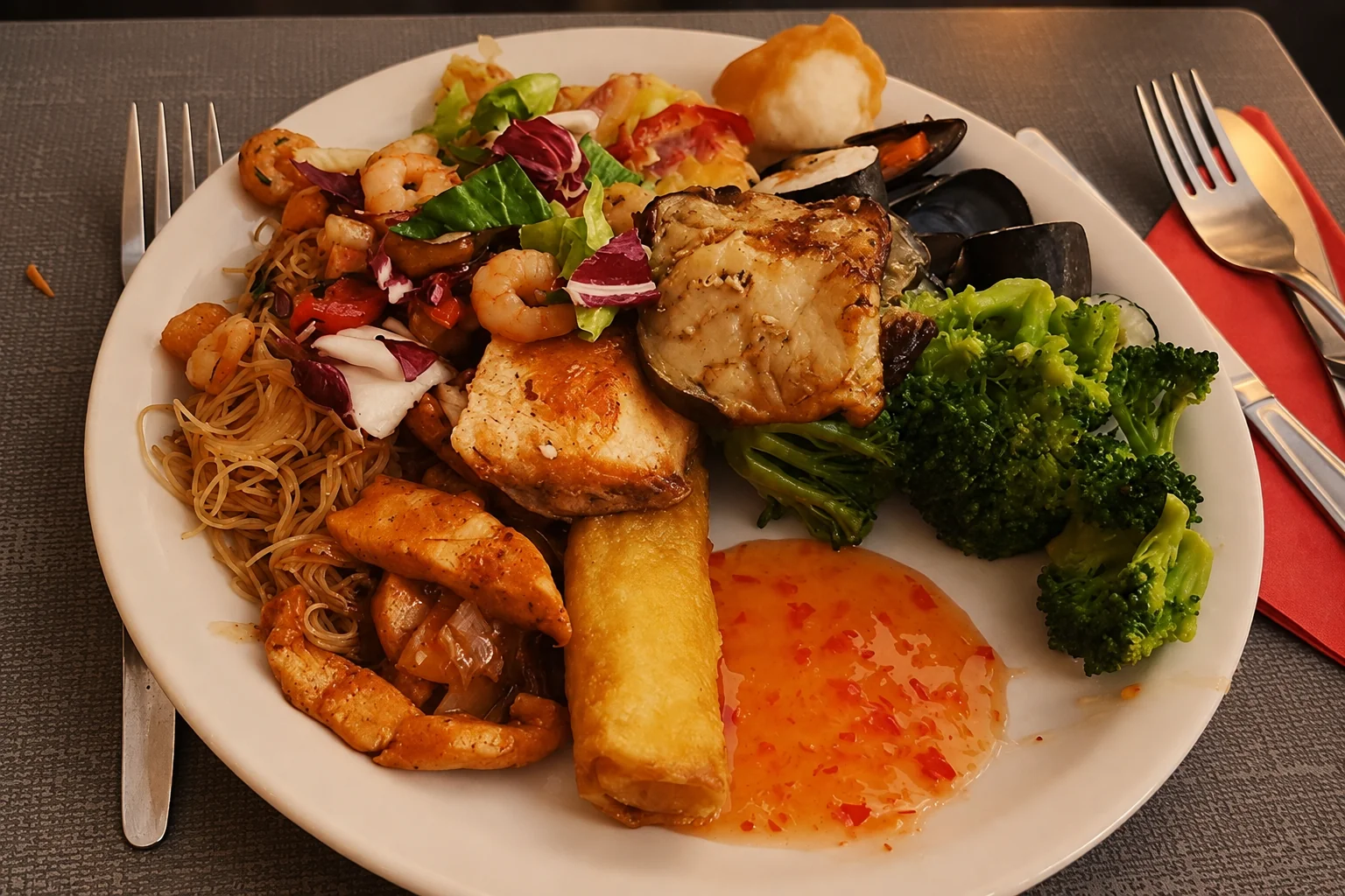 Ein Teller vom Büffet mit Garnelen, Miesmuscheln, Reisnudeln, Brokkoli, Frühlingsrolle und roter Soße, im warmen Abendlicht.