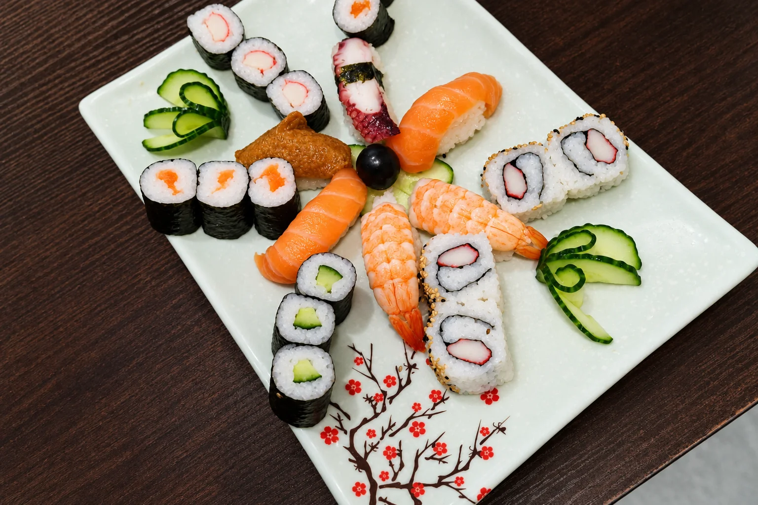 Maki, Inside-Out-Rollen und Nigiri mit Lachs, Garnele und Oktopus auf einem weißen Teller mit Kirschblütenmuster, auf einem dunklen Holztisch.